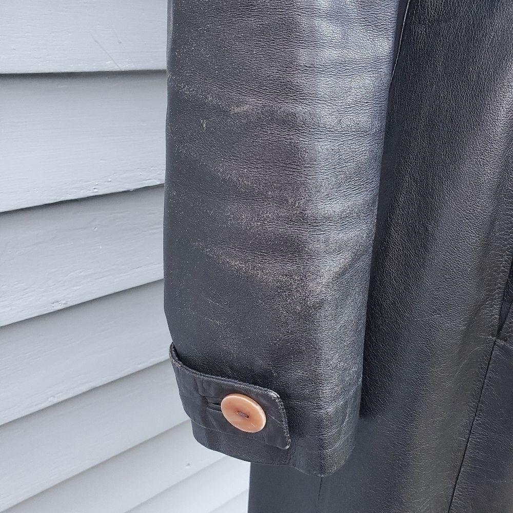 Vintage 90s y2k Bratz Black Leather Mod Boho Western Button Front Trench Coat Md - Picture 7 of 9